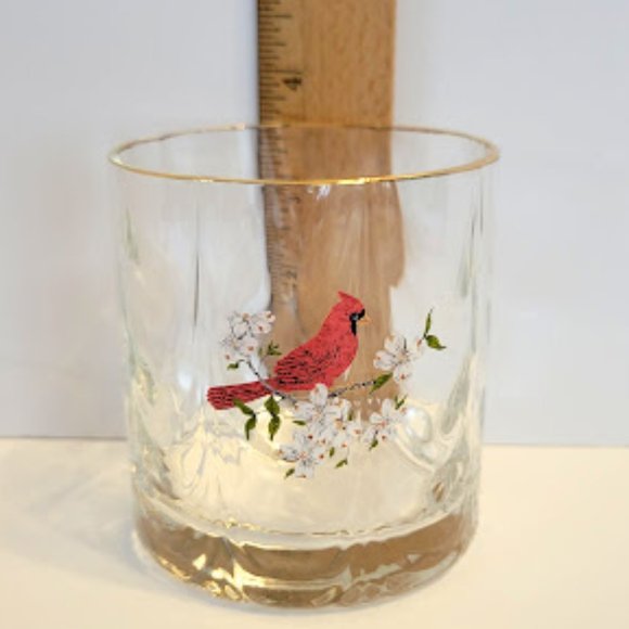VINTAGE DOUBLE OLDFASHION/ROCKS GLASS WITH CARDINAL AND FLOWERS - Picture 4 of 4